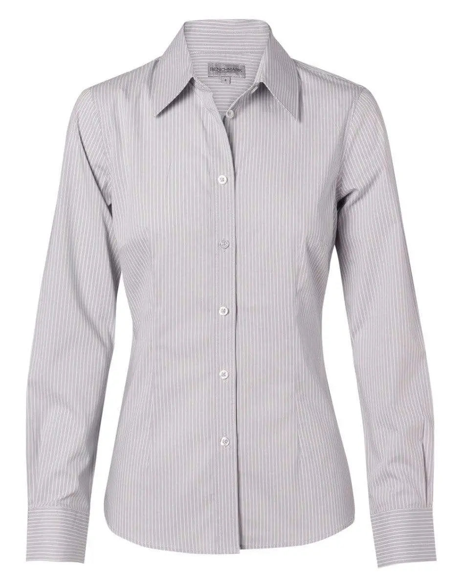 BENCHMARK Women's Ticking Stripe Long Sleeve Shirt M8200L Corporate Wear Benchmark Grey/White 6